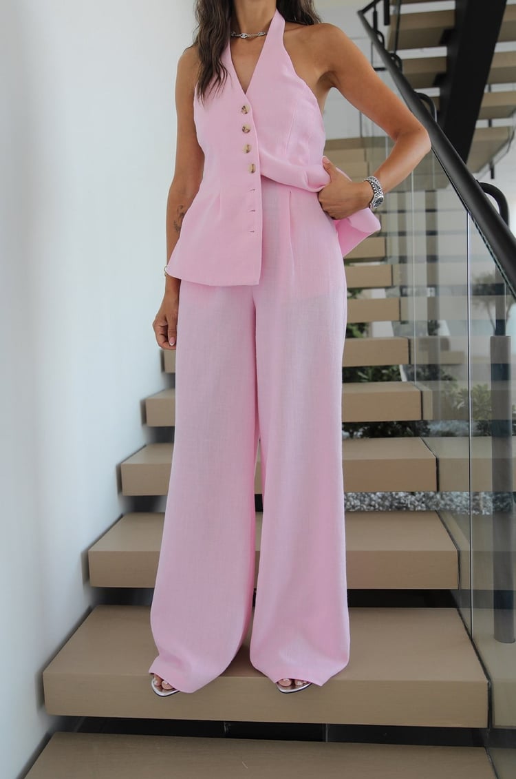 Pembe Riven Yelek Pantolon Keten Takım