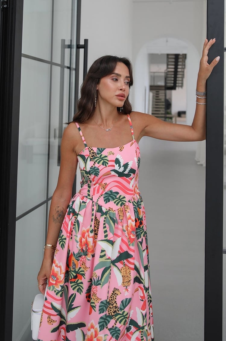 Pembe Rory Desenli Askılı Elbise
