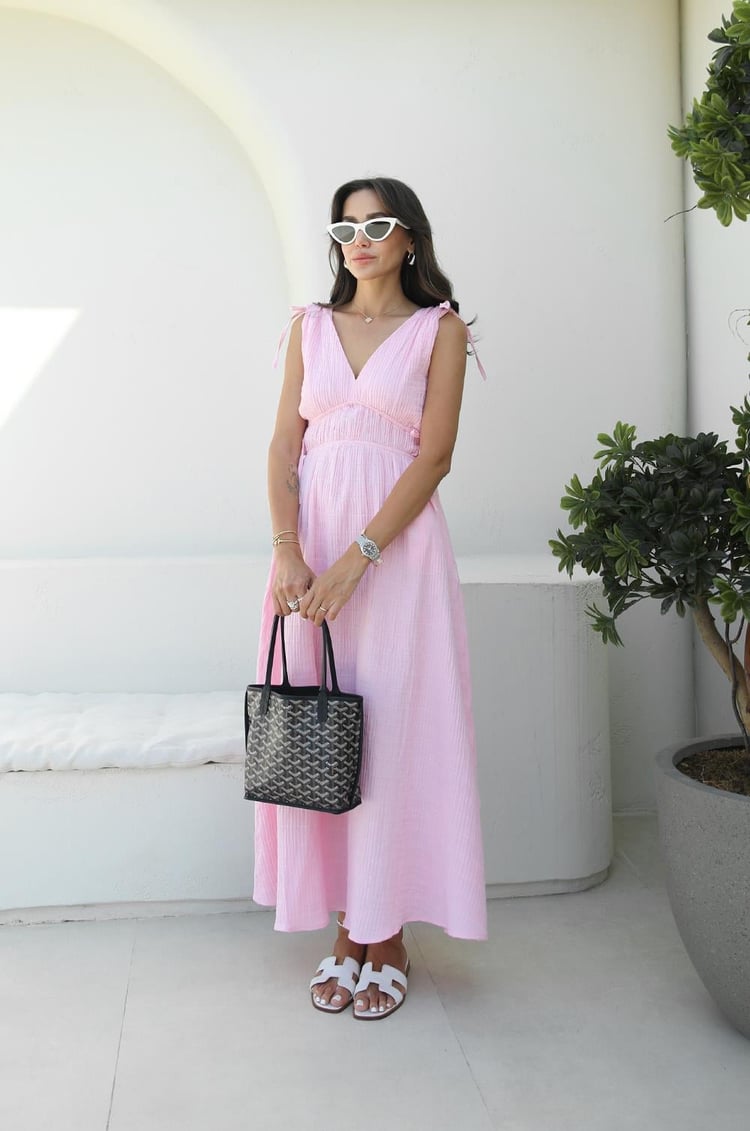 Pembe Shada Beli Lastik Detaylı Elbise