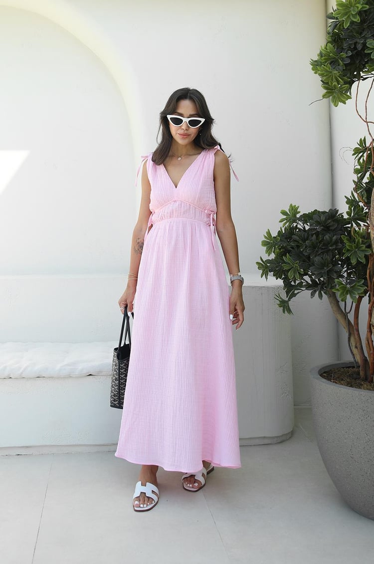Pembe Shada Beli Lastik Detaylı Elbise