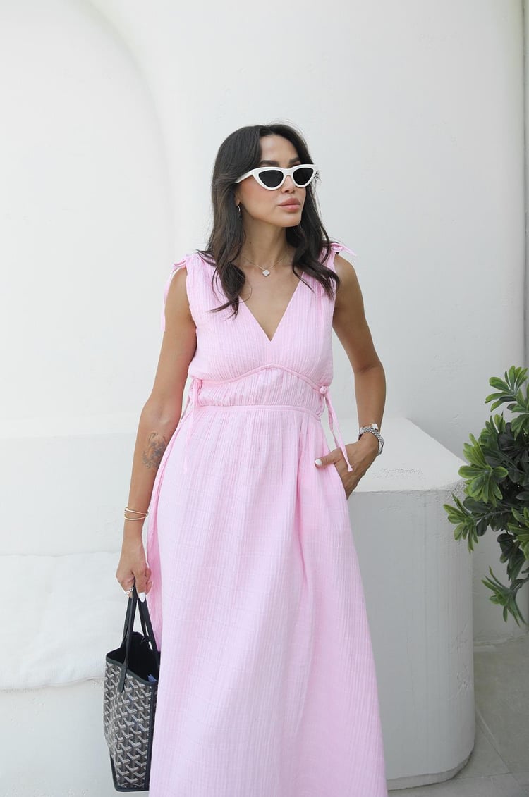 Pembe Shada Beli Lastik Detaylı Elbise