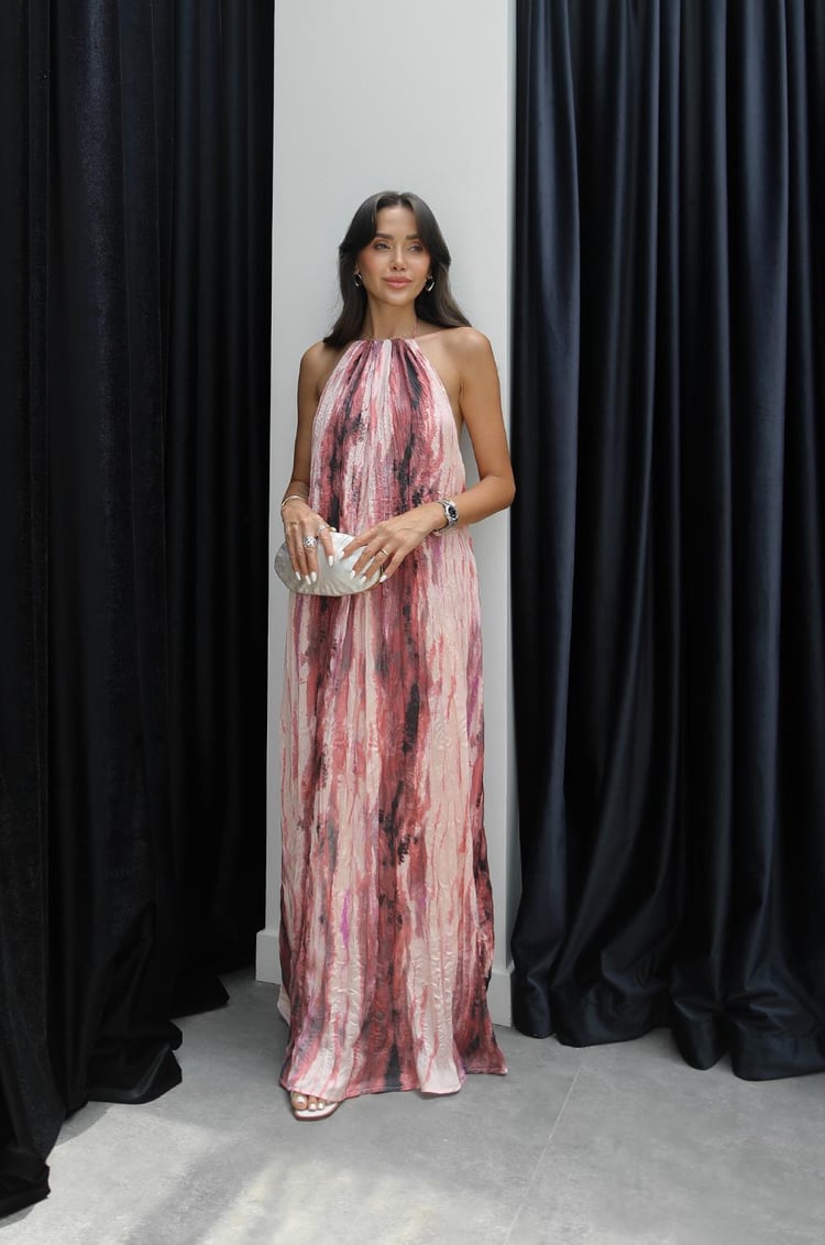 Pembe Sırt Dekolteli Desenli Elbise