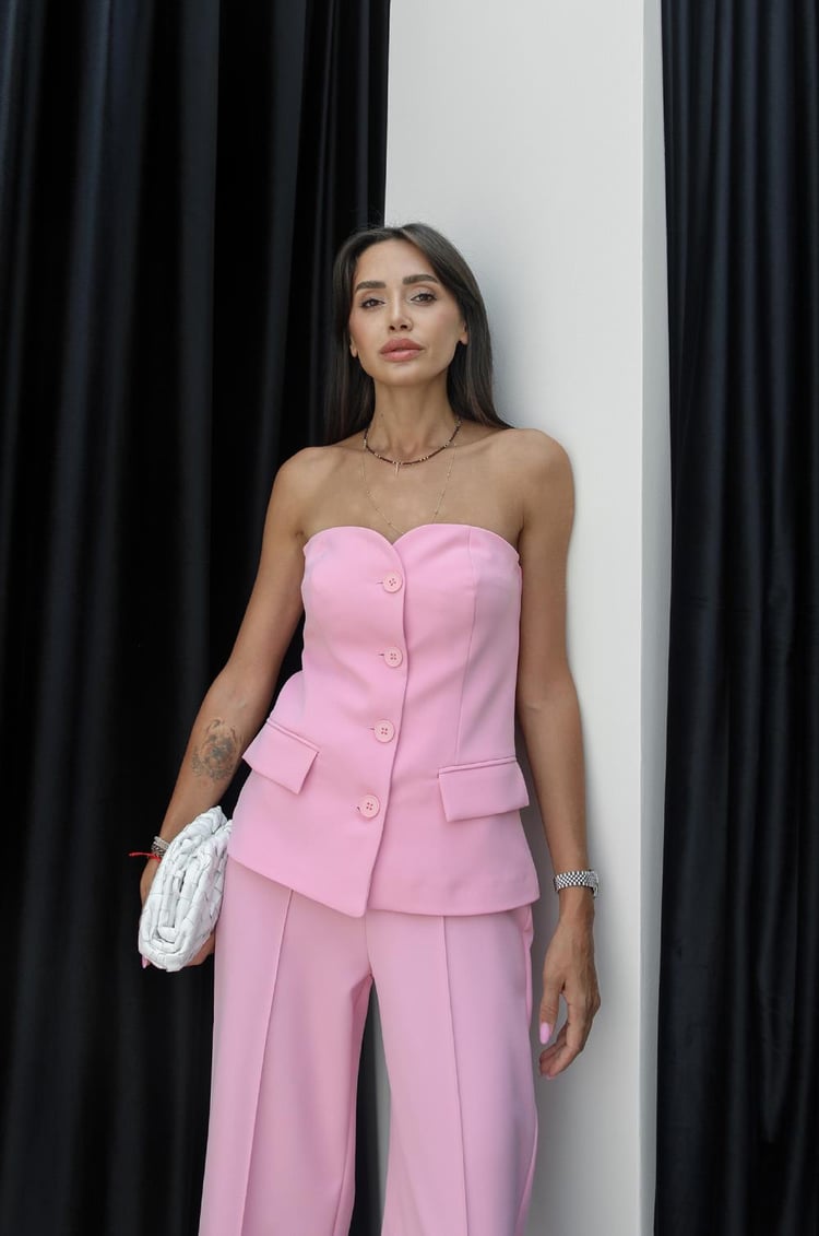 Pembe Straplez Yelek Pantolon Takım