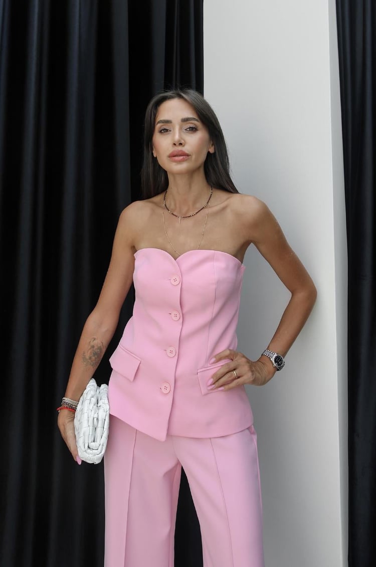 Pembe Straplez Yelek Pantolon Takım