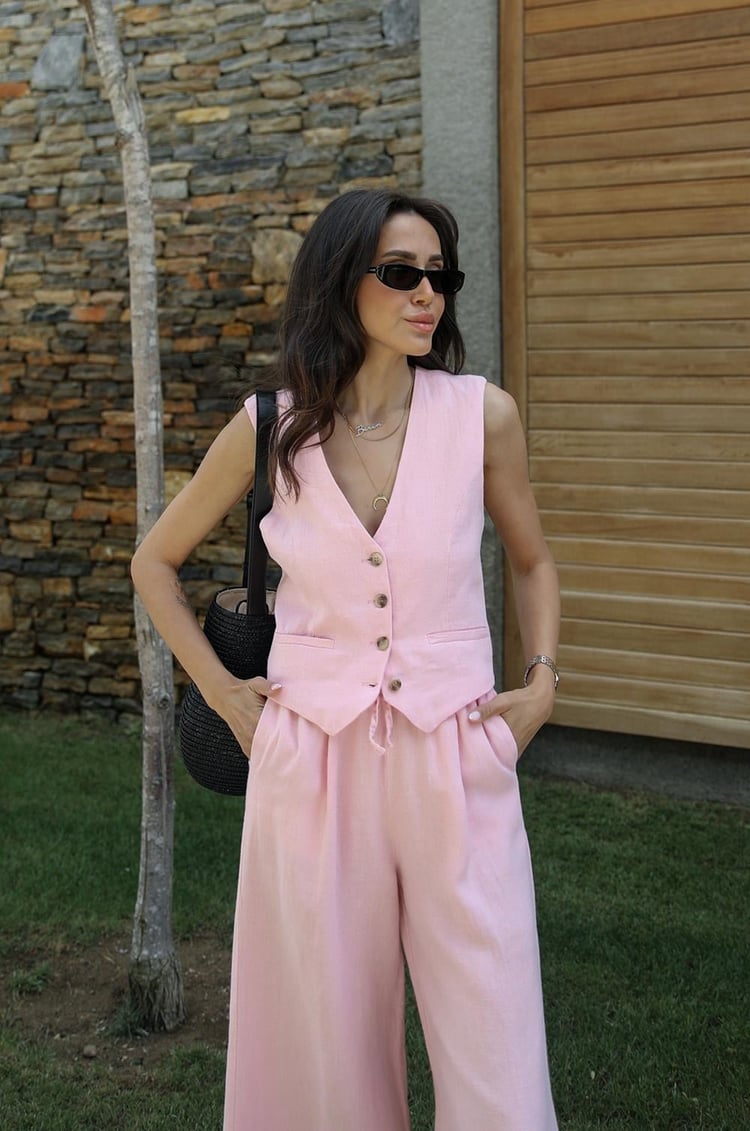 Pembe Süs Cepli Premium Keten Yelek