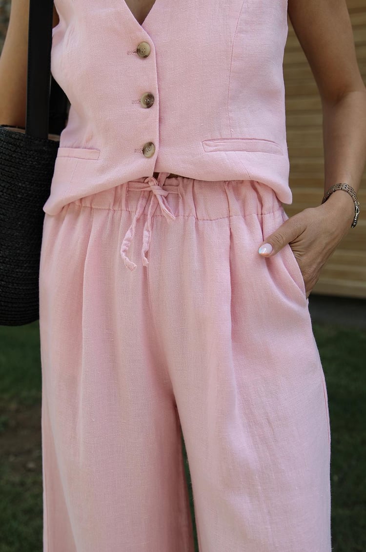 Pembe Süs Cepli Premium Keten Yelek