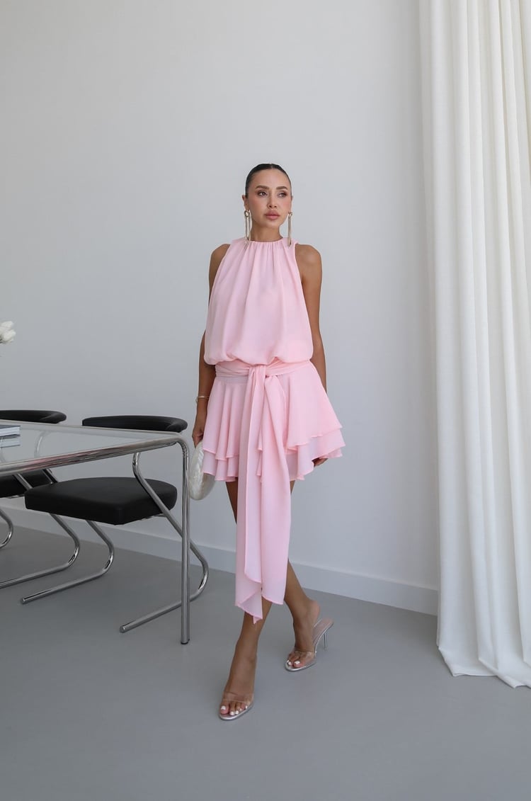Pembe Tallin Volanlı Elbise