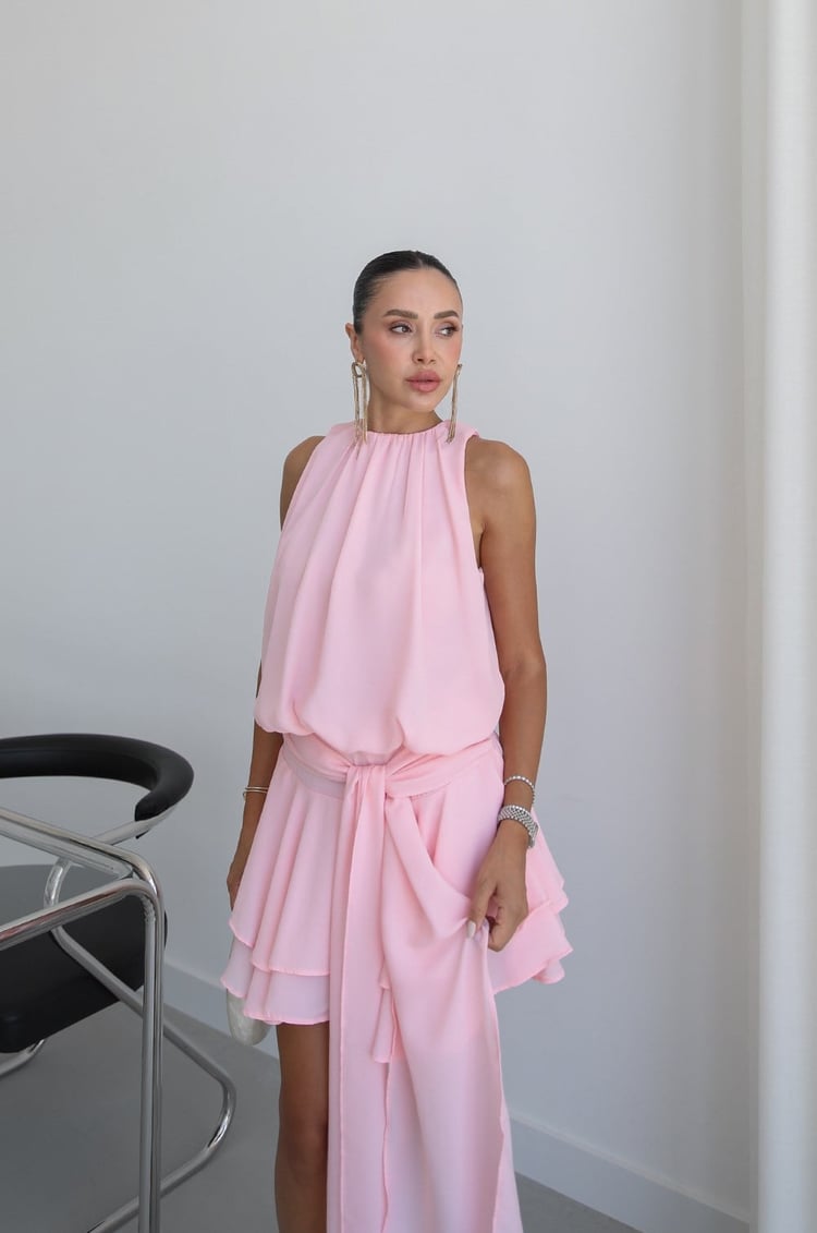 Pembe Tallin Volanlı Elbise