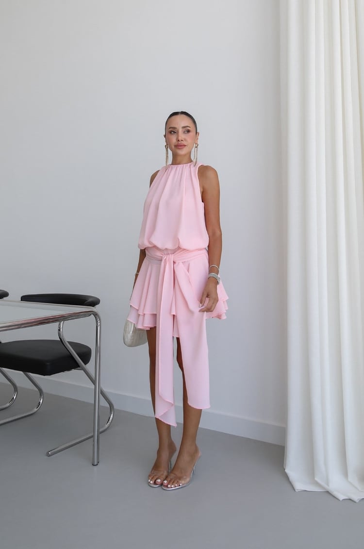 Pembe Tallin Volanlı Elbise