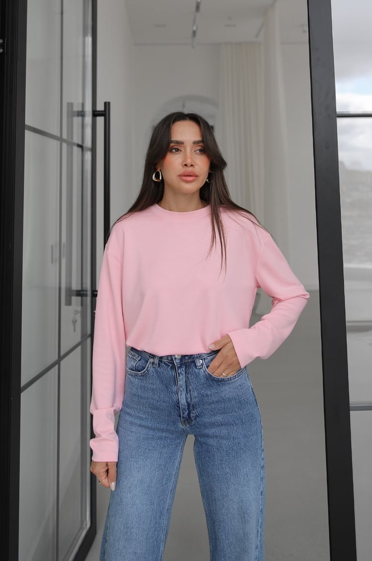 Pembe Tinta Bisiklet Yaka İnce Sweatshirt