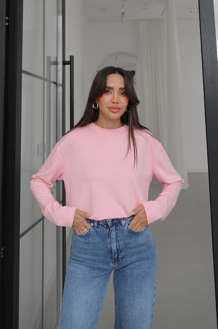 Pembe Tinta Bisiklet Yaka İnce Sweatshirt