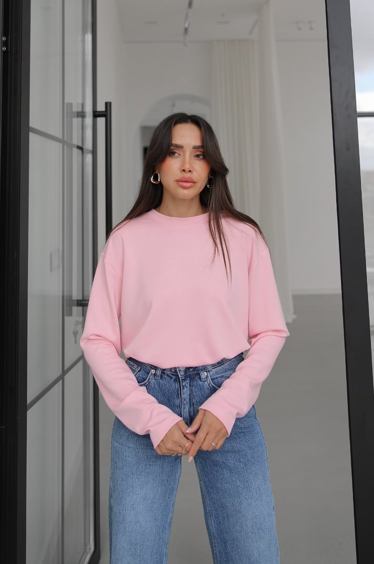 Pembe Tinta Bisiklet Yaka İnce Sweatshirt
