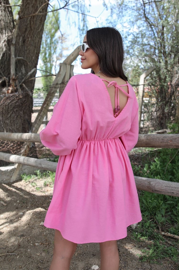 Pembe V Yaka Beli Lastikli Elbise