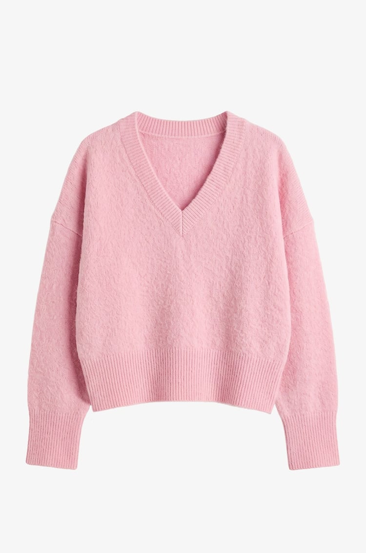 Pembe V Yaka Yumuşak Dokulu Kazak