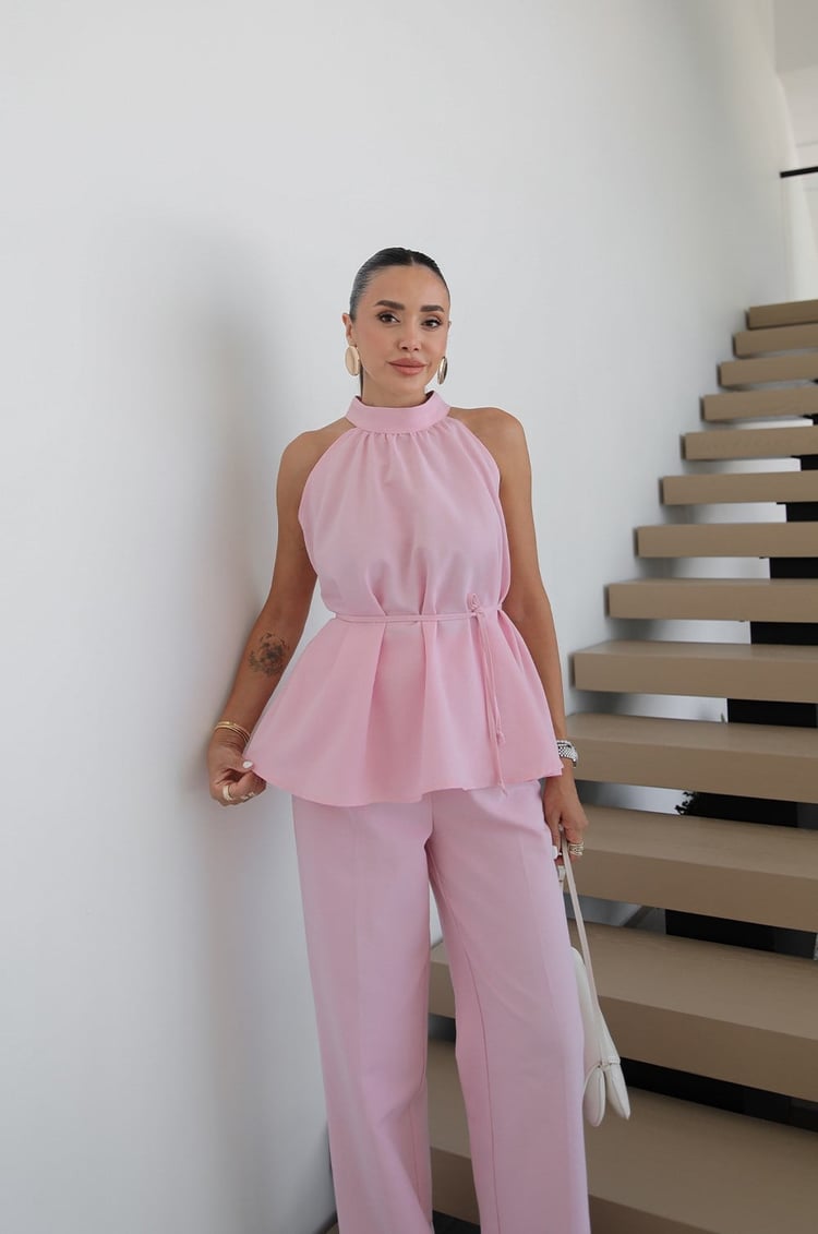 Pembe Veral Bluz Pantolon Keten Takım
