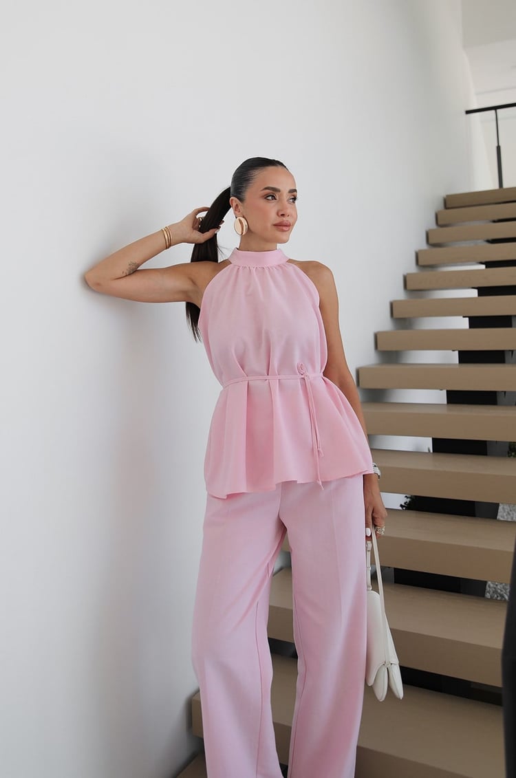 Pembe Veral Bluz Pantolon Keten Takım