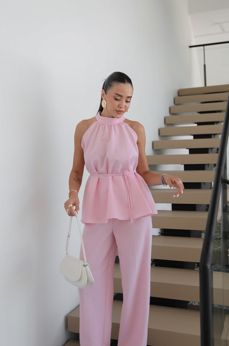 Pembe Veral Bluz Pantolon Keten Takım