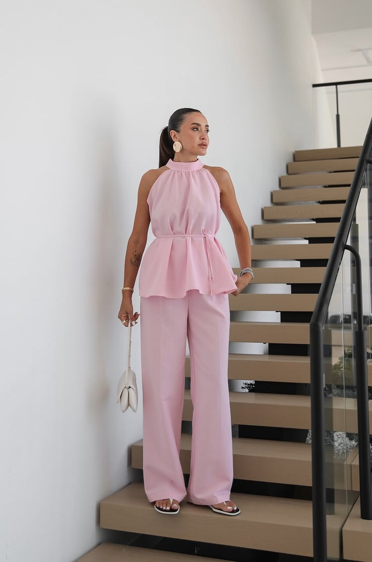 Pembe Veral Bluz Pantolon Keten Takım