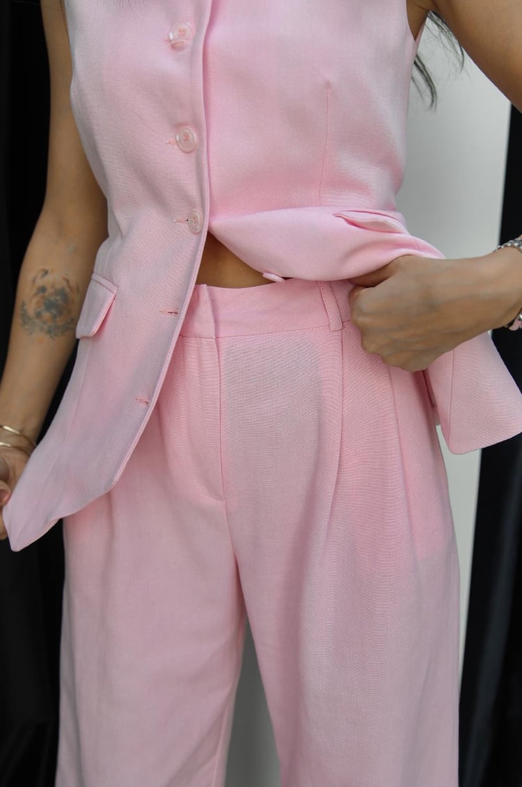 Pembe Viola Pileli Keten Pantolon
