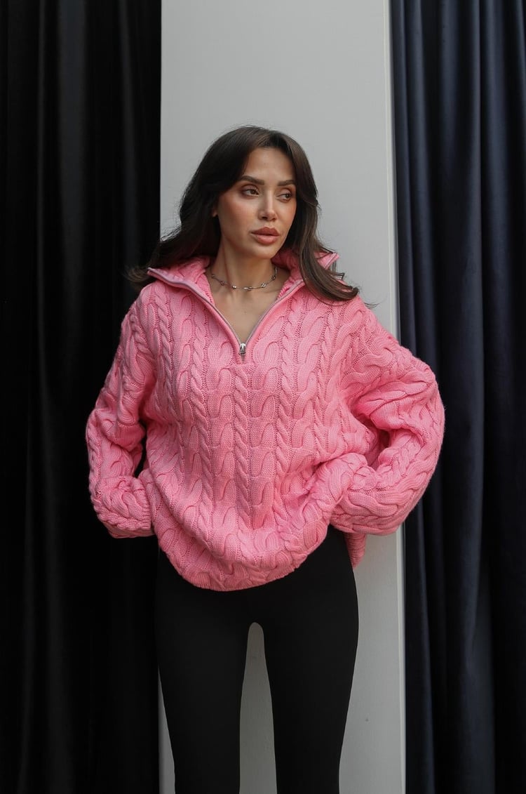 Pembe Yakası Fermuarlı Saç Örgü Kazak
