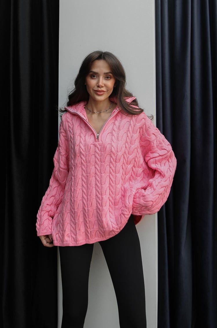 Pembe Yakası Fermuarlı Saç Örgü Kazak