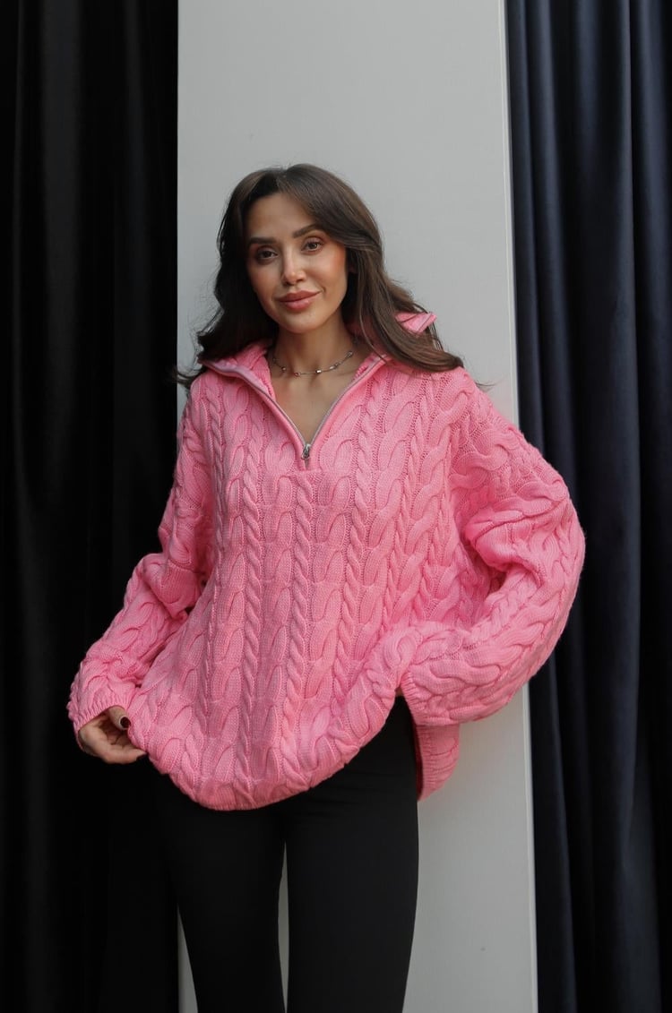 Pembe Yakası Fermuarlı Saç Örgü Kazak