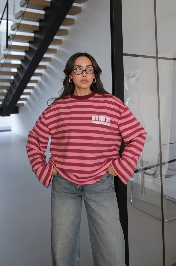 Pembe Yazı Baskılı Çizgili Sweatshirt