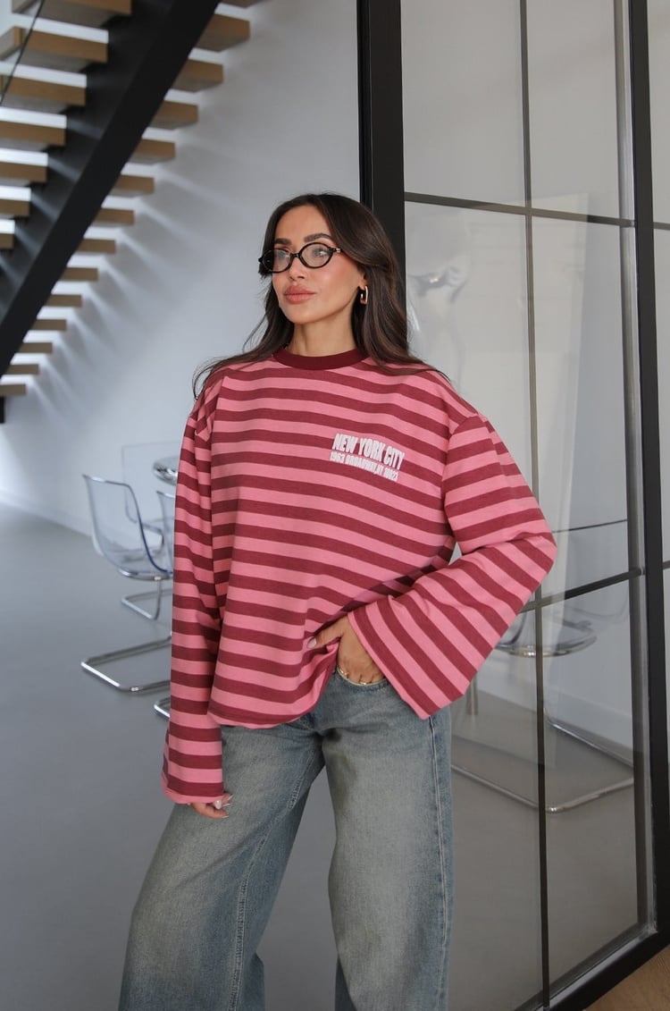 Pembe Yazı Baskılı Çizgili Sweatshirt