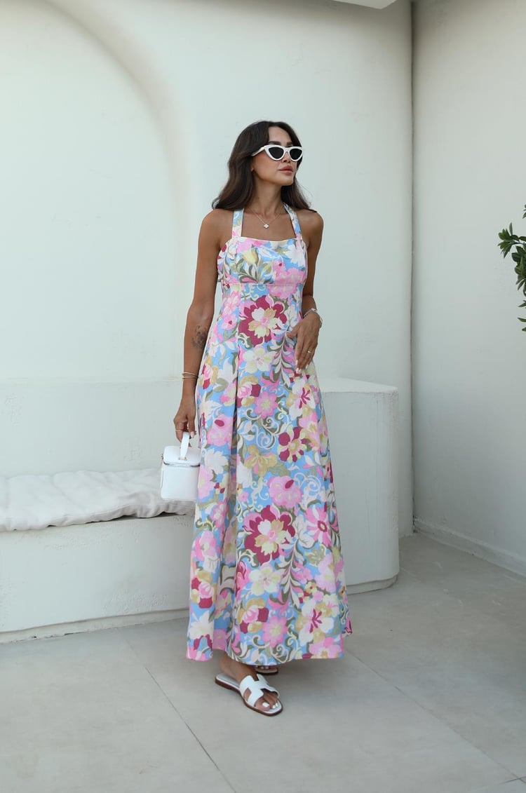 Renkli Çiçek Desenli Askısı Bağlamalı Elbise