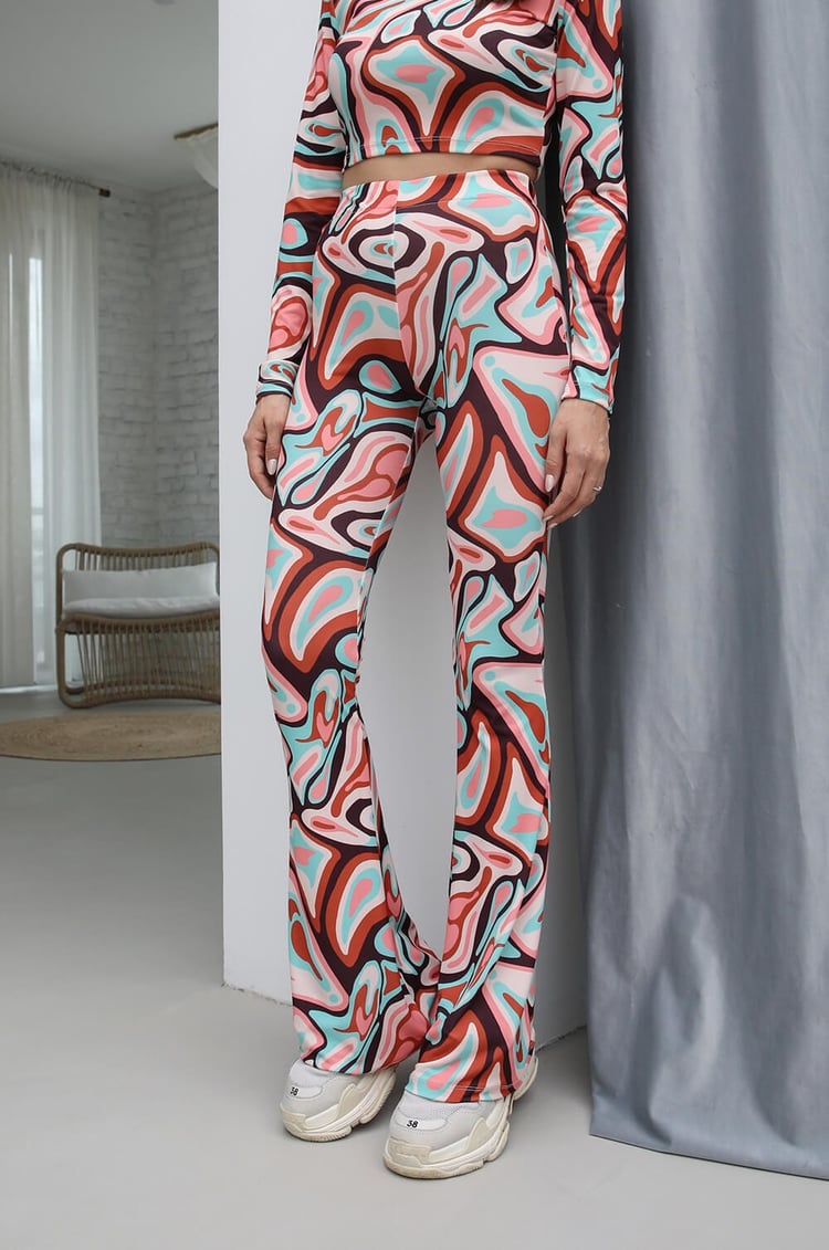 Renkli Desenli Crop Pantolon Takım