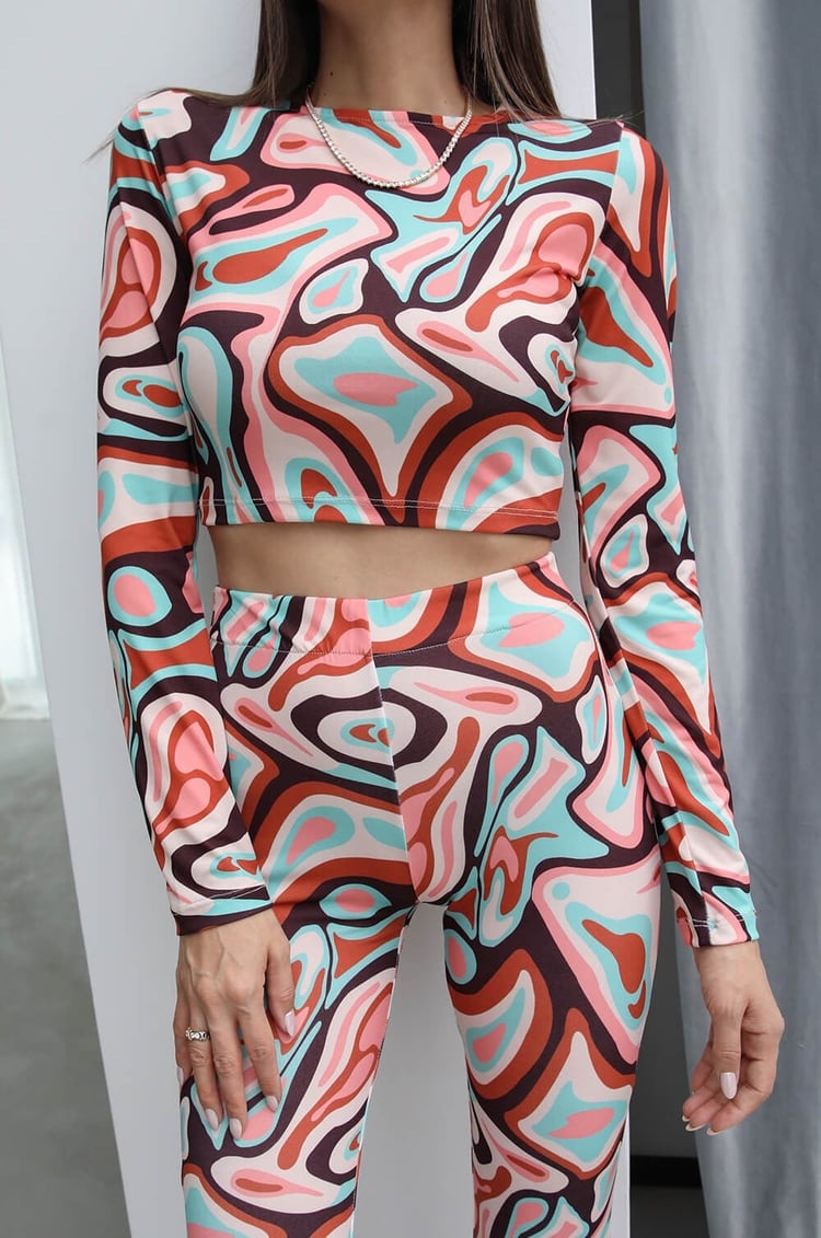 Renkli Desenli Crop Pantolon Takım