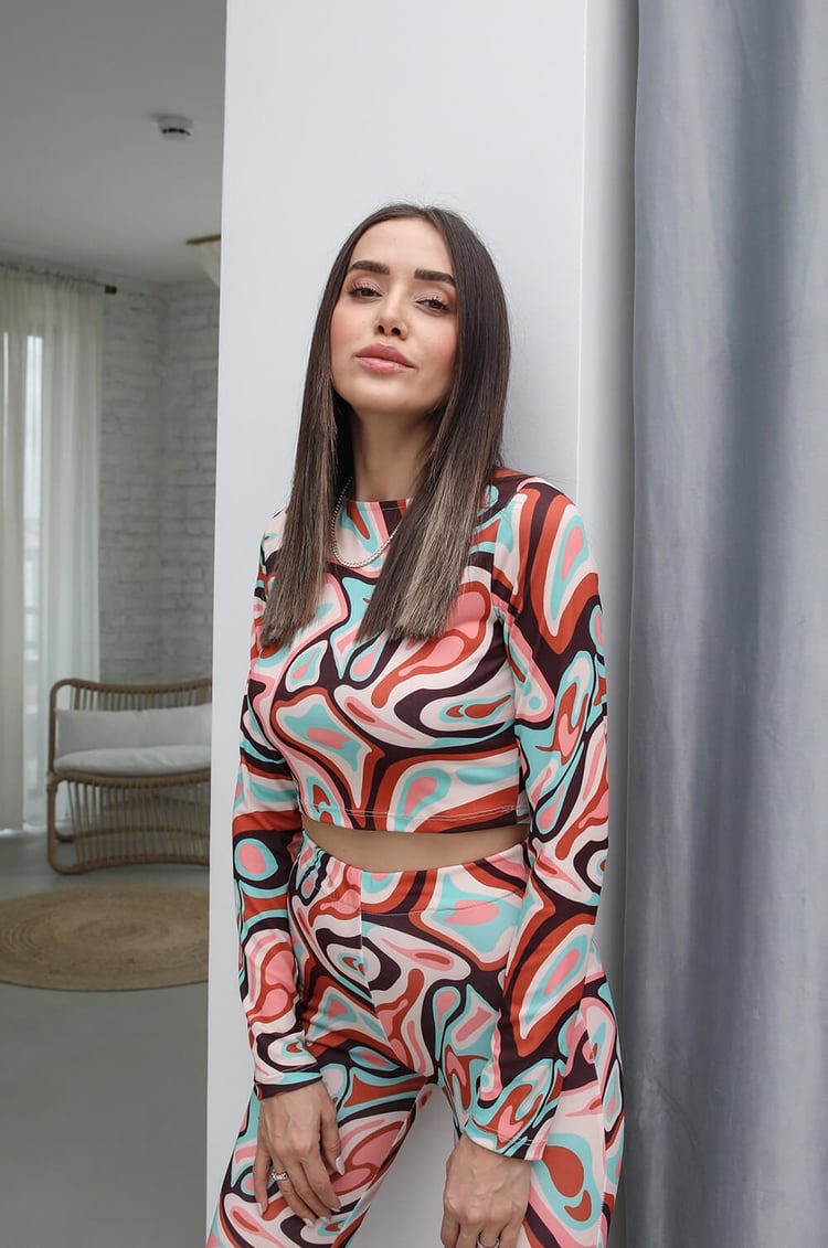 Renkli Desenli Crop Pantolon Takım