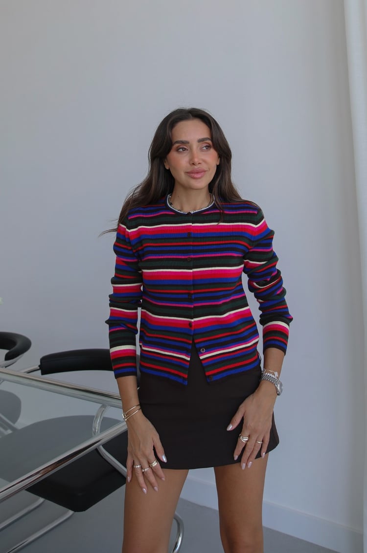 Renkli Slim Fit Çizgili Triko Hırka