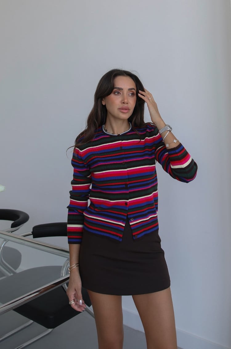 Renkli Slim Fit Çizgili Triko Hırka