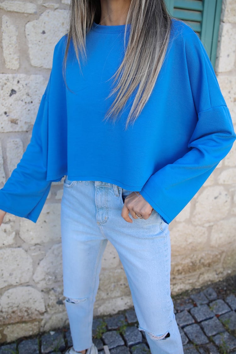 Saks Mavisi Etek Ucu Dikişsiz Sweatshirt