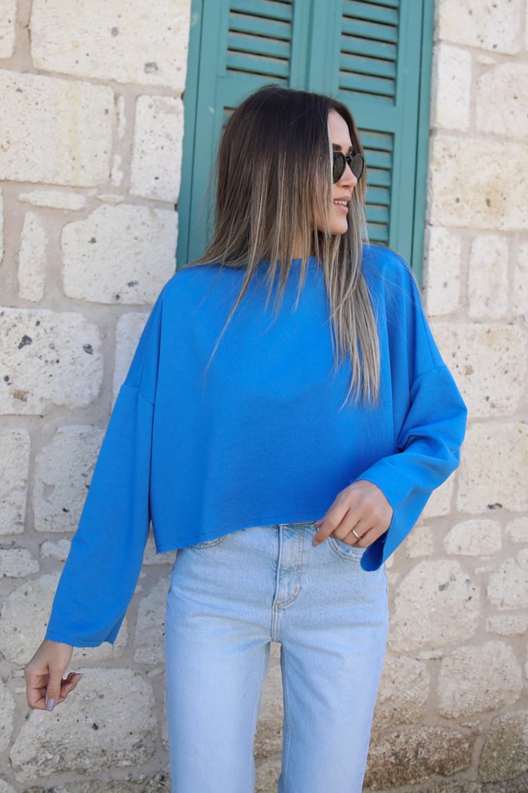 Saks Mavisi Etek Ucu Dikişsiz Sweatshirt
