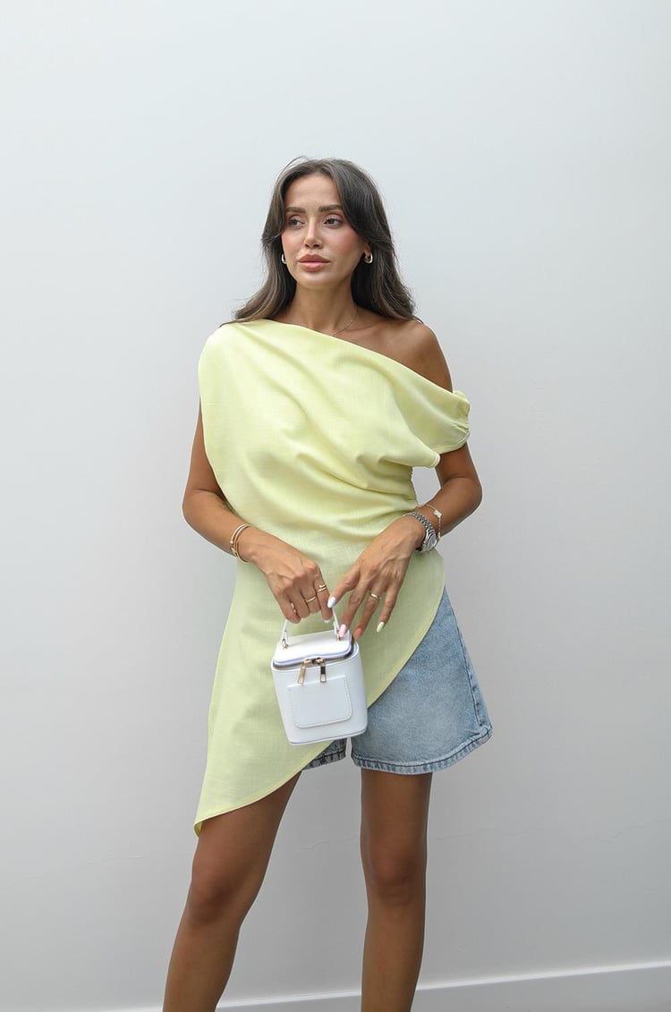 Sarı Asimetrik Kesim Keten Bluz