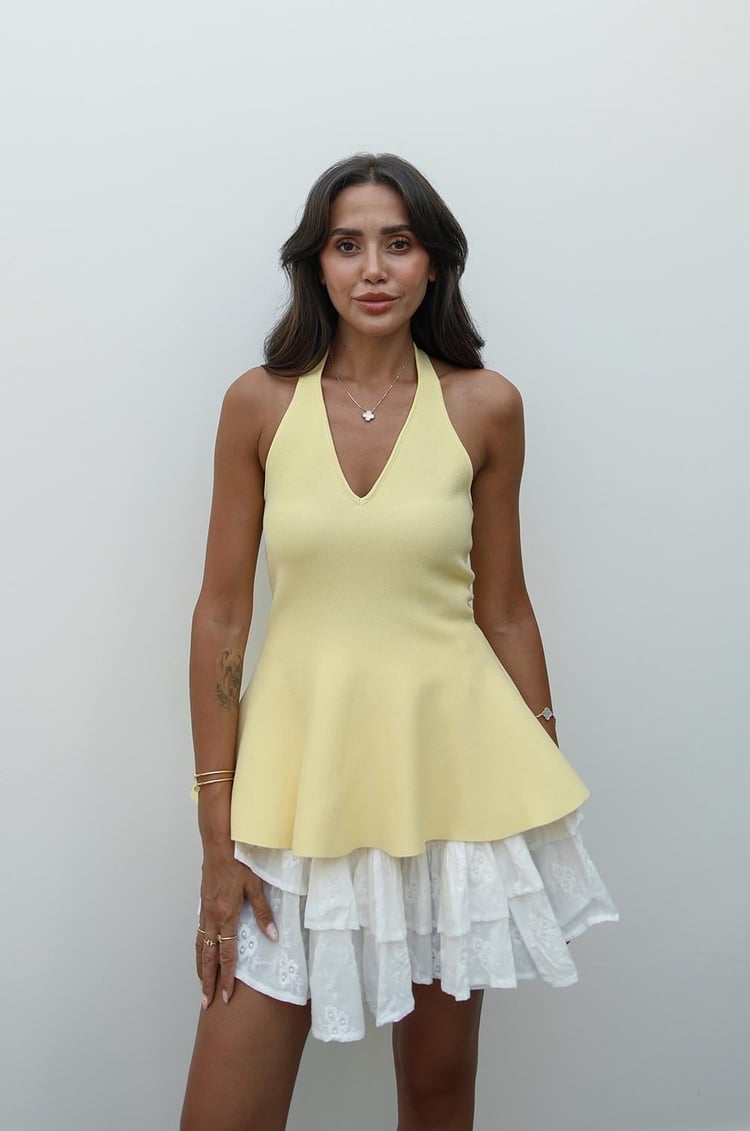 Sarı Boyun Askılı Peplum Triko Bluz