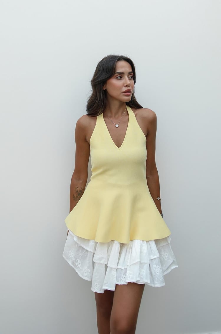 Sarı Boyun Askılı Peplum Triko Bluz
