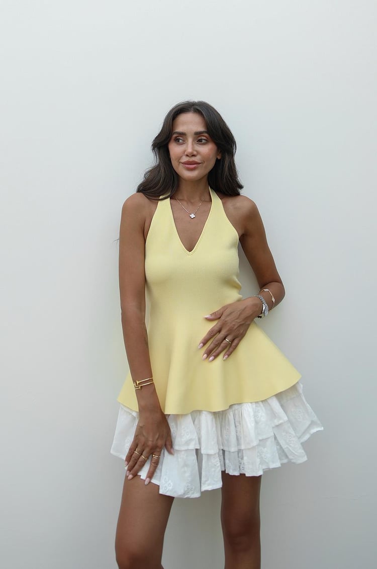 Sarı Boyun Askılı Peplum Triko Bluz