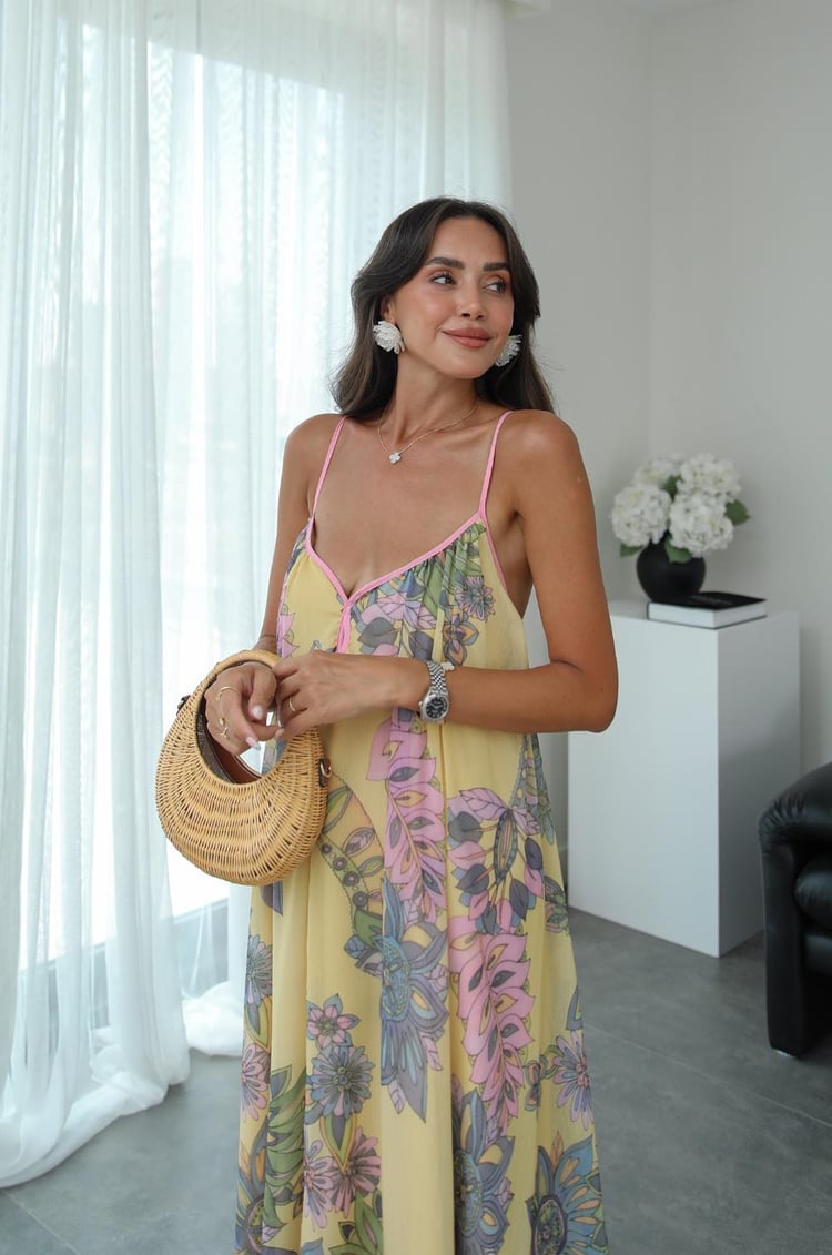 Sarı Çapraz Askılı Desenli Şifon Elbise