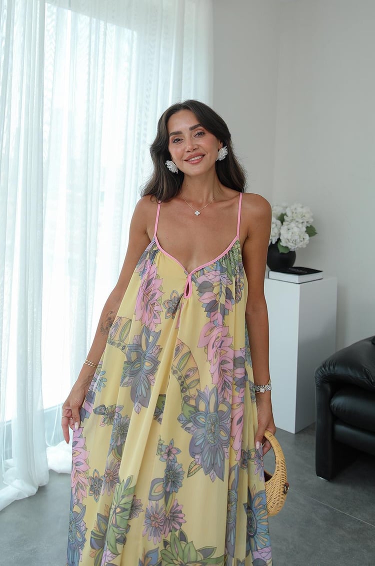 Sarı Çapraz Askılı Desenli Şifon Elbise