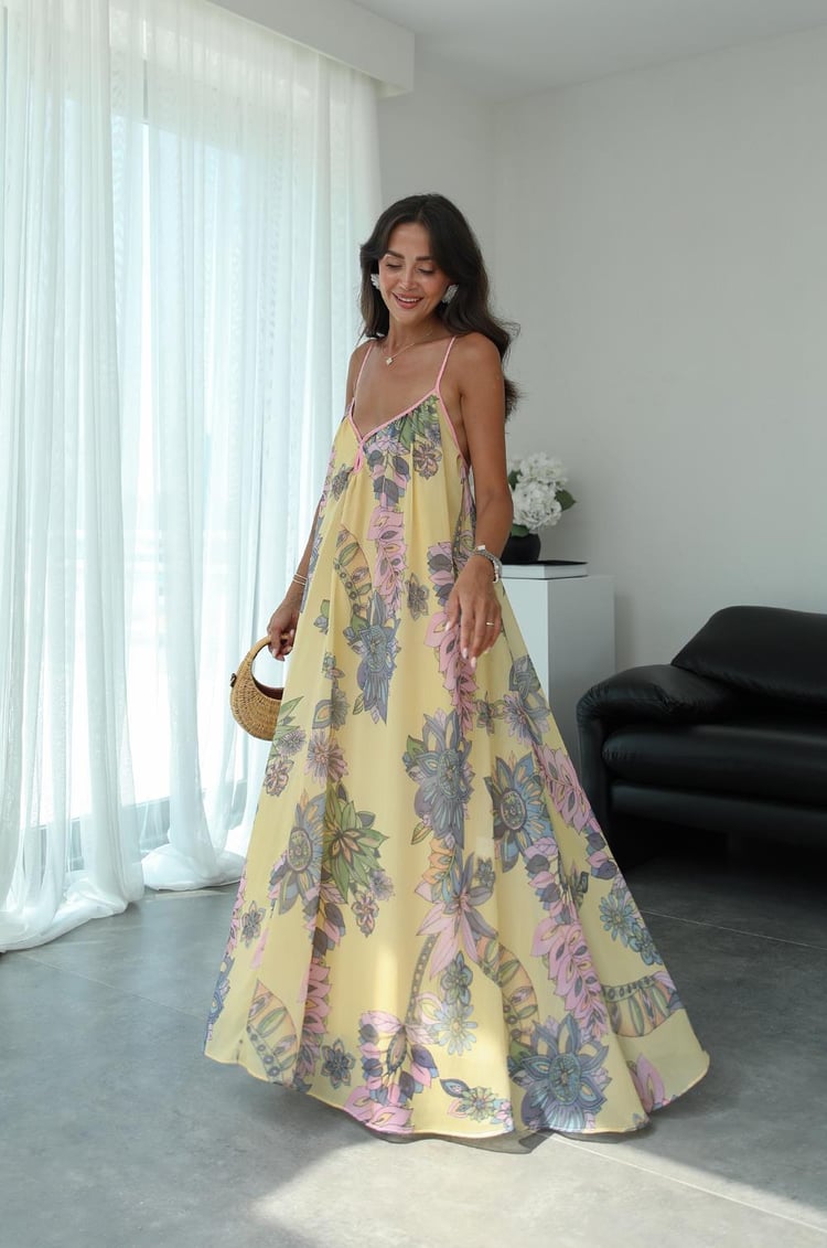 Sarı Çapraz Askılı Desenli Şifon Elbise