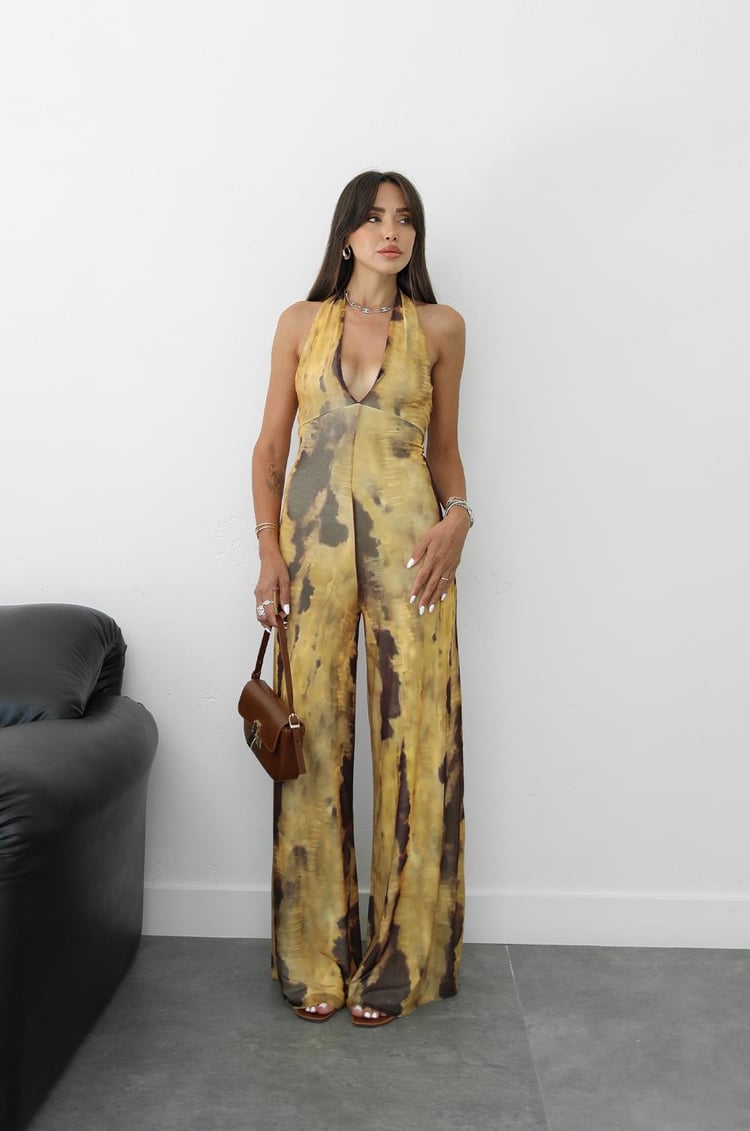 Sarı Dekolteli Boyundan Geçmeli Tulum