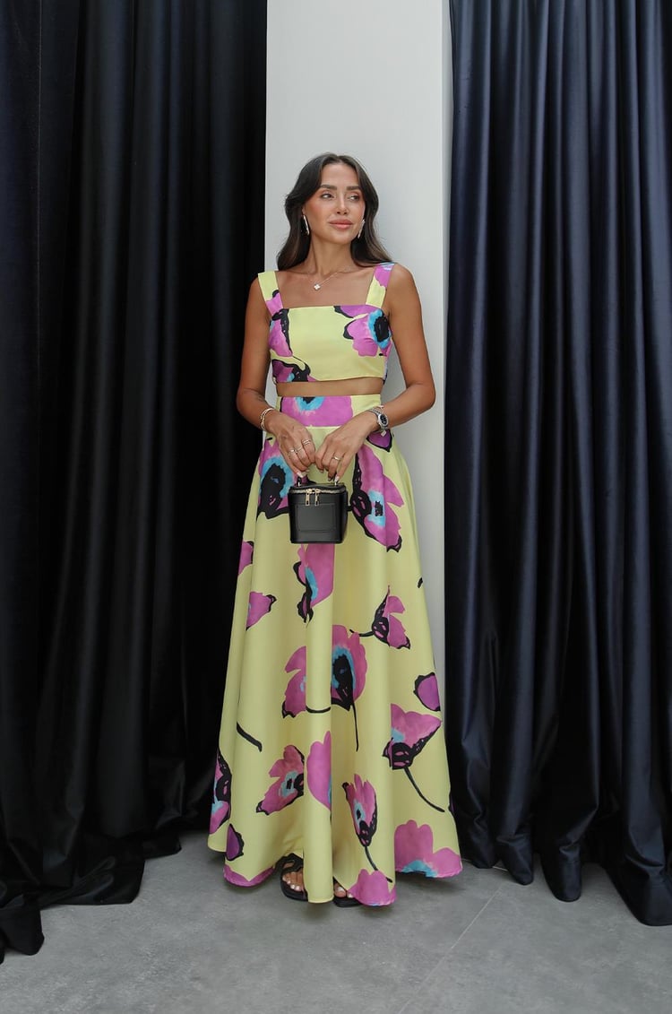 Sarı Desenli Crop Bluz Etek Takım