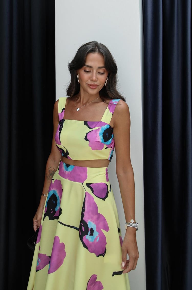 Sarı Desenli Crop Bluz Etek Takım