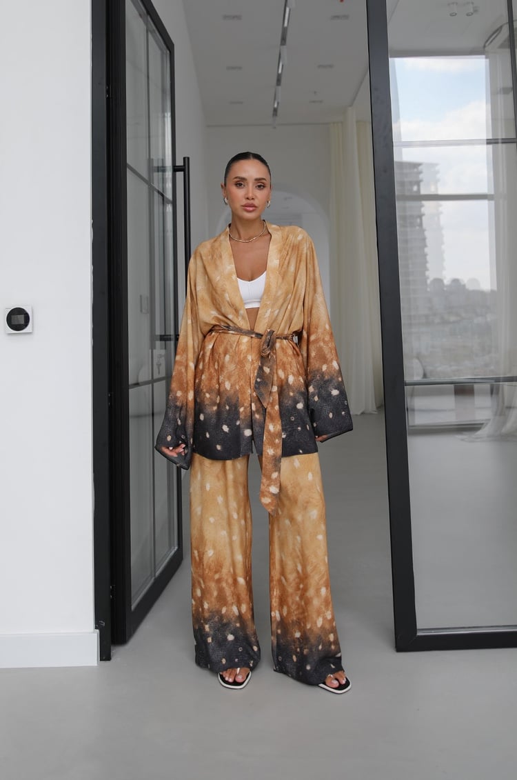 Sarı Desenli Kuşaklı Kimono Pantolon Takım