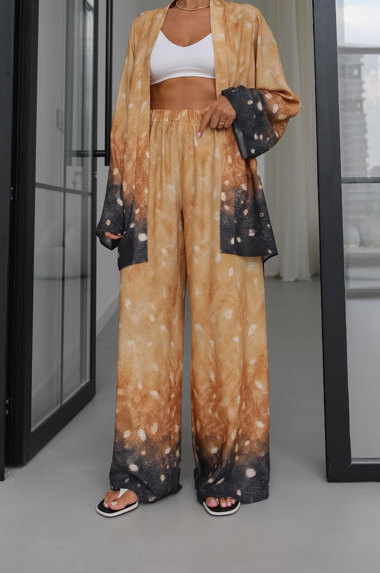 Sarı Desenli Kuşaklı Kimono Pantolon Takım