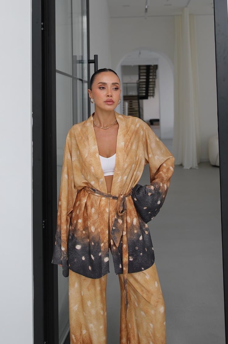 Sarı Desenli Kuşaklı Kimono Pantolon Takım
