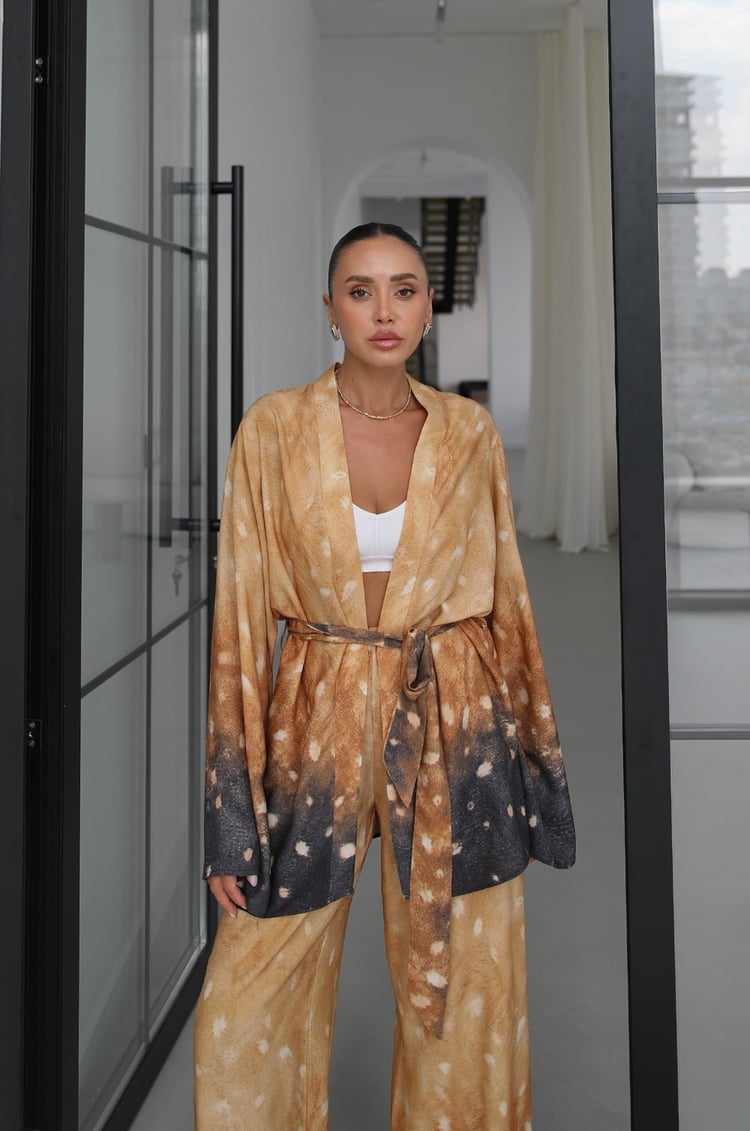 Sarı Desenli Kuşaklı Kimono Pantolon Takım